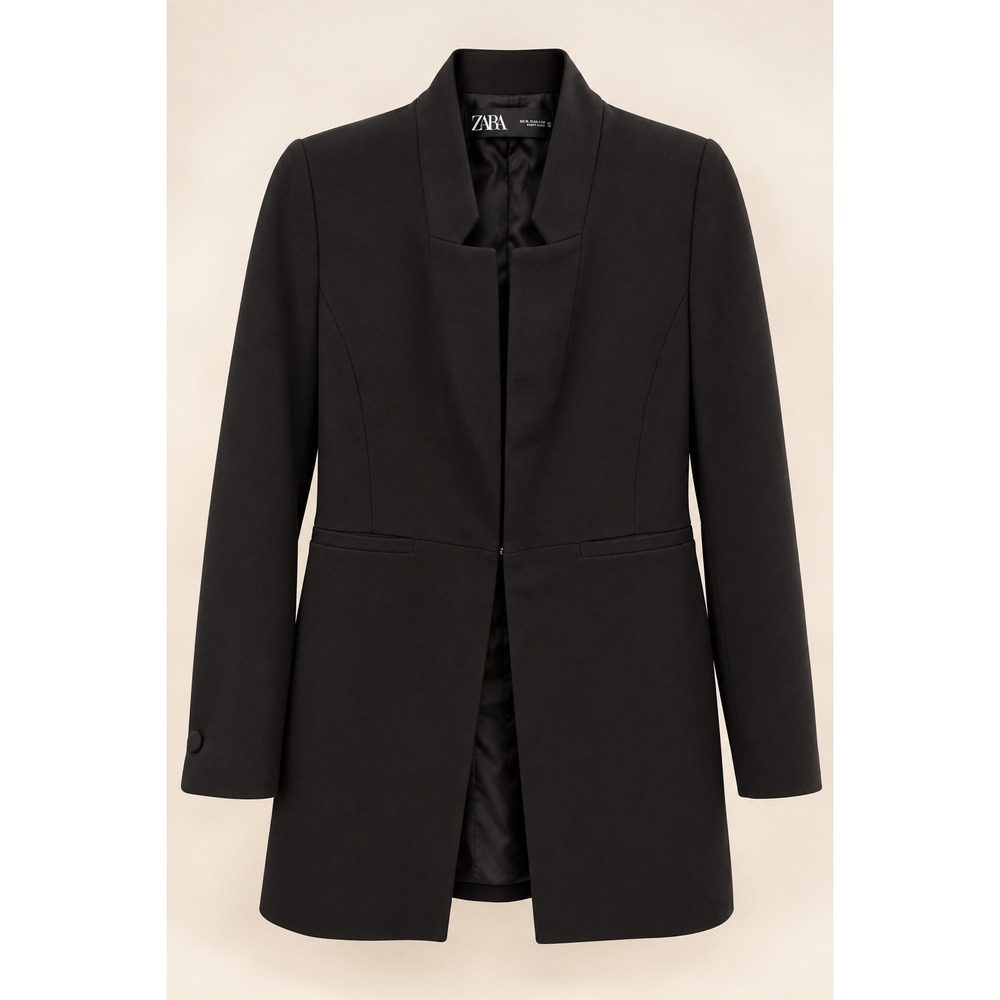 Zara Women Blazer XL Black Open Front Longline Minimalist Crepe Hook-and-Eye